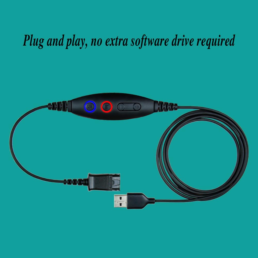 USB Adapter Cable Compatible Plantronics QD (Quick Disconnect) to USB Type A Plug, Speaker Volume & Mic Mute Control Connects Headset to PC, Laptop, Soft Phone (Pack of 2)