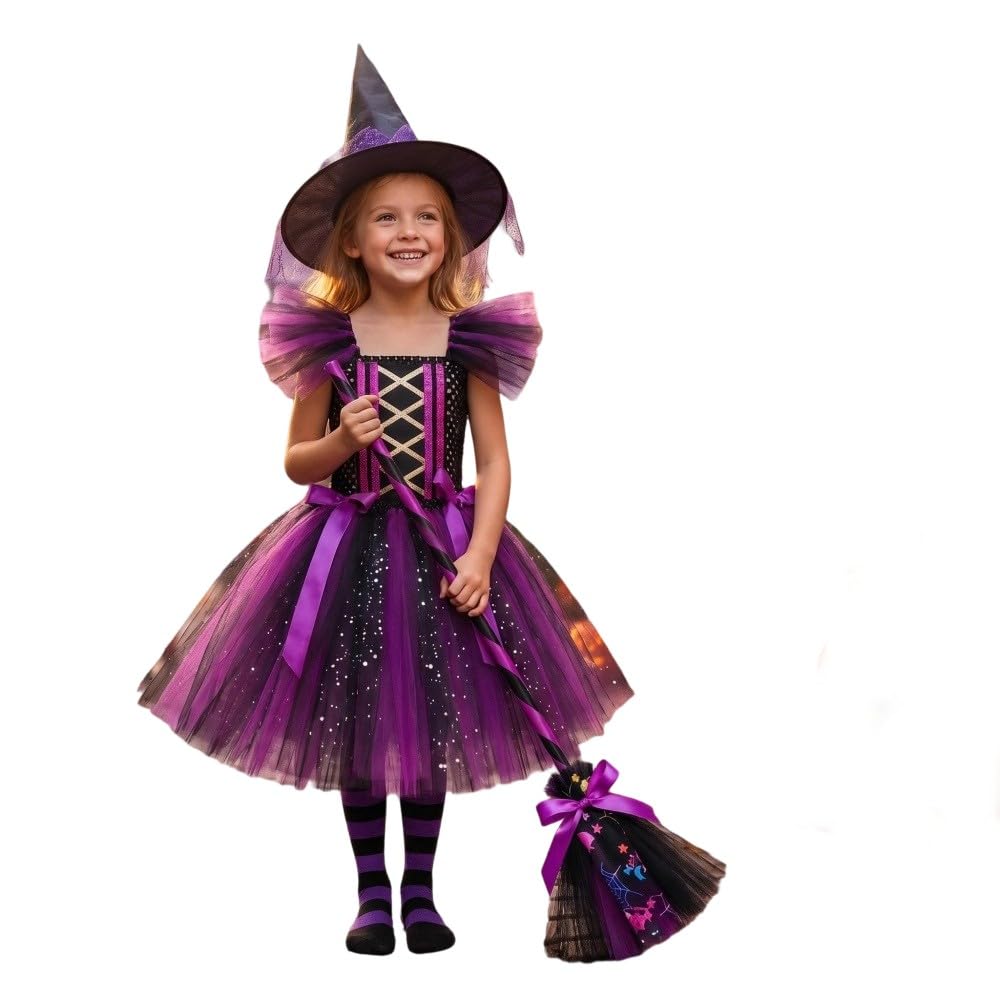 Hexenkostüm Set Für Mädchen Halloweenkostüme Für Kinder Kostüm Kinder Hexen Verkleidung Set Violett Prinzessin Kleid Faschingskostüme Karneval Kostüm Karneval Fasching Cosplay