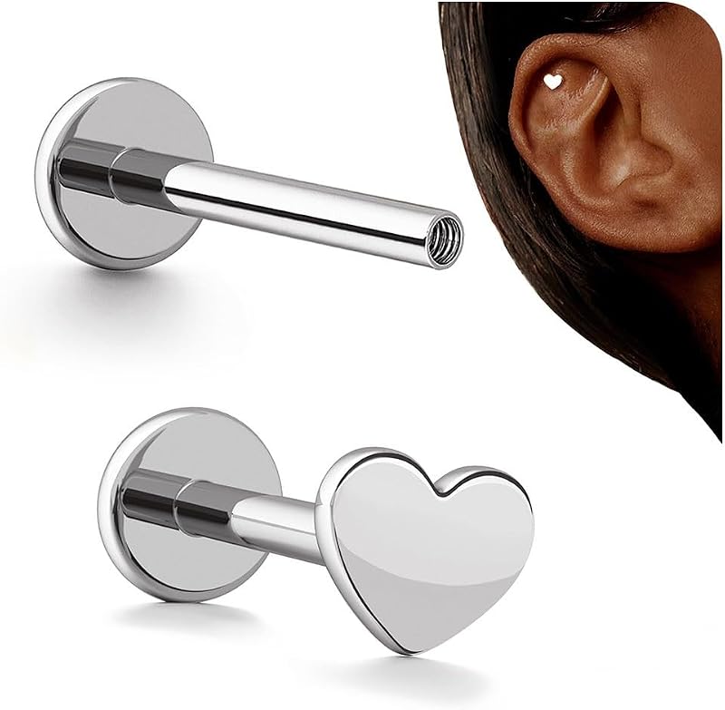G23 Titanium 16G Tragus Conch Piercing Jewelry Flat Back Stud Earrings | Hypoallergenic CZ Nose Dangle Helix Medusa Lip Labret Body Piercing Jewelry, 14K Gold Plated, Silver, 6 and 8 mm Post Length
