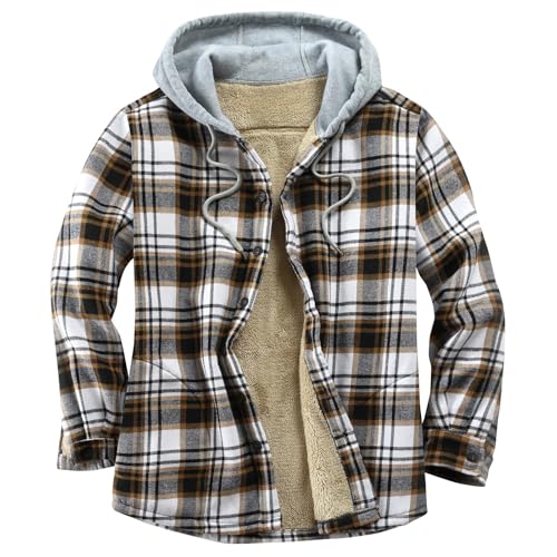 Image of Men's Cotton Plaid Shirt Jacket Fleece Flannel Sherpa Button Down