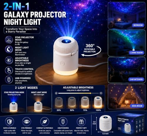 Image of Mini Galaxy Star Projector Night Light, 2-in-1 USB Powered LED Ceiling Projector with 1 Slide, Starry Sky Lamp for Bedroom, Kids, Adults, Nursery, Home, Car Decoration & Romantic Ambience