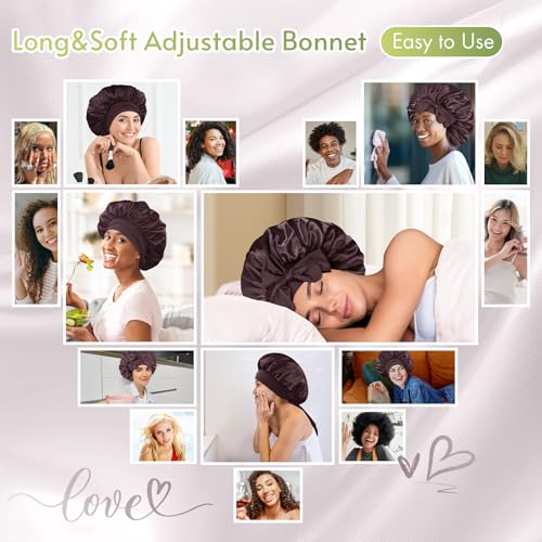 Image of BONNET QUEEN Silk Bonnet for Sleeping Satin Bonnet Women Hair Wrap Night Sleep Cap Scarf Wrap for Curly Hair with Tie Band Maroon