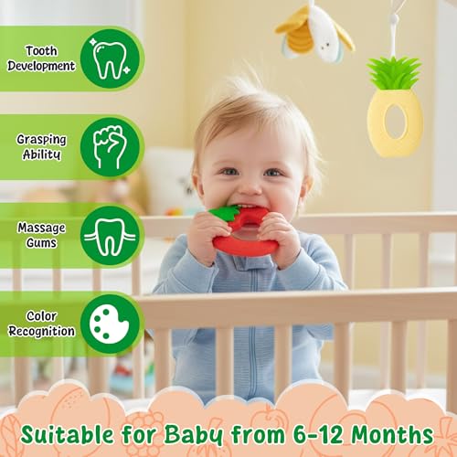 Image of Silicone Teething Toy for Babies - 2Pcs Strawberry Grape Soft Sore Gums Pain Teether Infant Summer Fruit Themed Food Grade Teething Relief Chew Toy for Toddler Birthday Newborn 6-12 Months Baby Shower