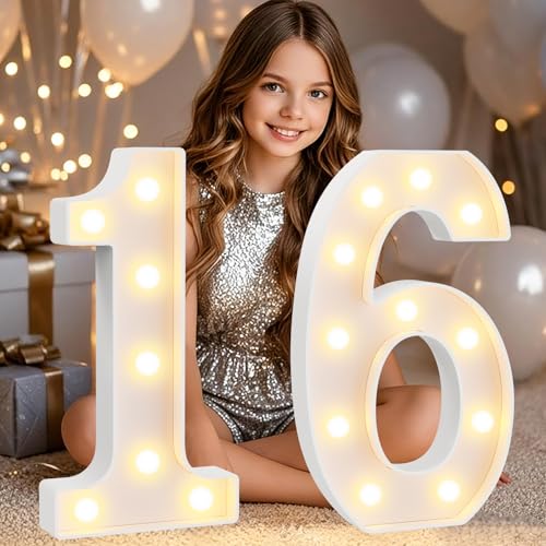 Image of Pooqla 16th Birthday Decorations for Girls Boys, Large 12.6 in Tall Light Up Numbers for Sweet 16 Party Decorations Table Decor, Big Marquee Numbers 16th Birthday Gift for Girls Anniversary Decor