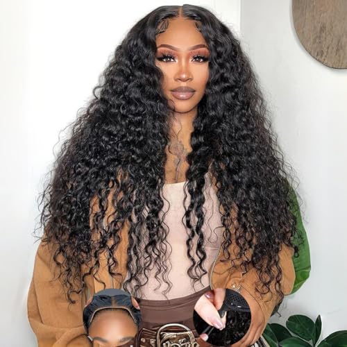 Wear and Go Glueless Wigs Human Hair Pre Plucked Pre Cut 7x5 HD Lace 200 Density Deep Wave Lace Front Wigs Human Hair with Drawstring Natural Hairline 26 Inch No Glue Curly Lace Front Wig for Women