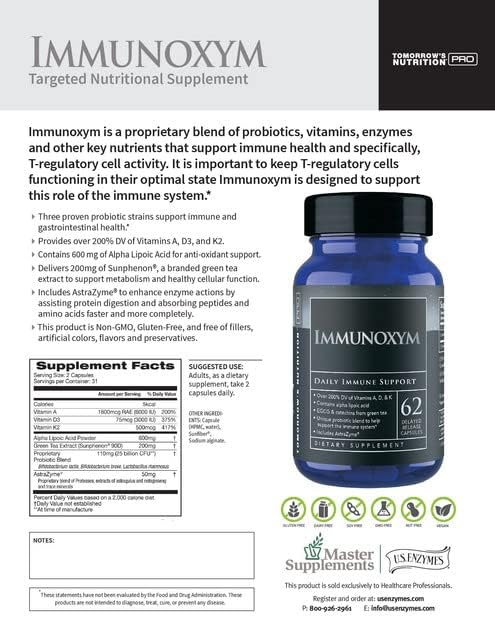 USAEnzymes U.S. Enzymes Immunoxym 62 Capsules (31 Servings). Blend of probiotics, enzymes, Vitamin A, D3, K2 for supprting The Immune System.