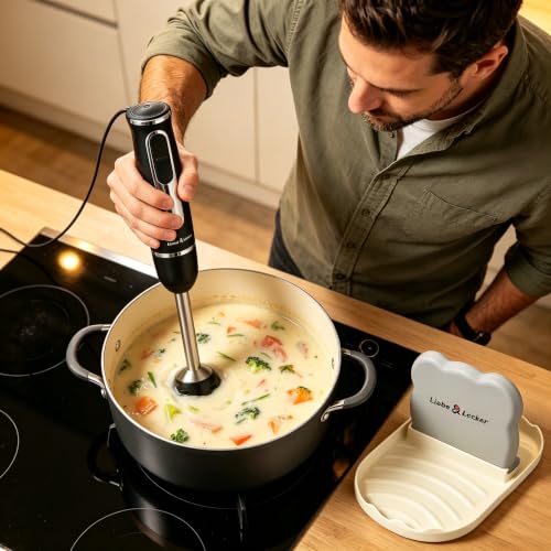 Image of Liebe&Lecker Immersion Blender Handheld, 300W Electric Stick Blender | 2-Speed Hand Mixer with Sturdy Spoon Rest, Anti-Splash Blade Guard Soup Blender to Prevent Container Scratches, Zero BPA