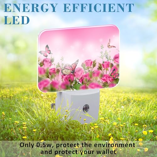Image of Beautiful Pink Roses Plug in Night Lights, Pink Butterfly Nightlight Plug Into Wall Dusk to Dawn Sensor for Kid Girls Boys Women Men Room, Hallway, Kitchen, Bathroom, Stairs Decor