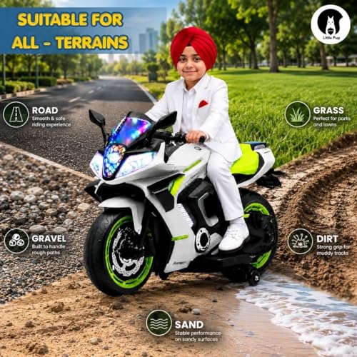 Image of LITTLE PUP Yamaha R9 Battery Operated Bike for Kids | Electric Bike for Child | LED Light & Music | Baby Ride on Toy Rechargeable Battery | for Kids to Drive 2 to 10 Years Boys and Girls (Green)