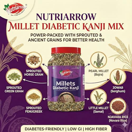 Image of Nutriarrow Sprouted Millet Kanji Mix 800g | | Diabetic Millets Kanji Mix for Adult | Pearl /Bajra /Kambu | Sprouted Horse Gram | Green Gram | fenugreek | Jowar | Sorghum | Chama Rice | Njavara Rice | High Protein & Fiber | Healthy Millet Blend for Dinner & Breakfast | Highly Nutritious
