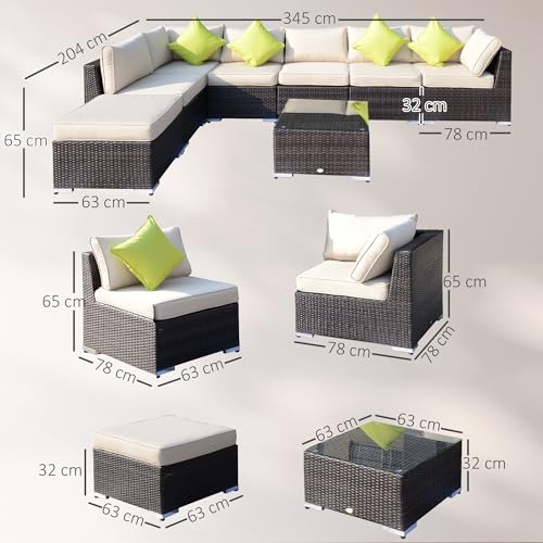 Outsunny 8 Piece Rattan Corner Sofa Set with Wide & Deep Seat, Assembled Aluminium PE Rattan Garden Furniture Set with Thick Cushions and Glass Top Table for Outdoor, Conservatory, Mixed Brown - Image 8
