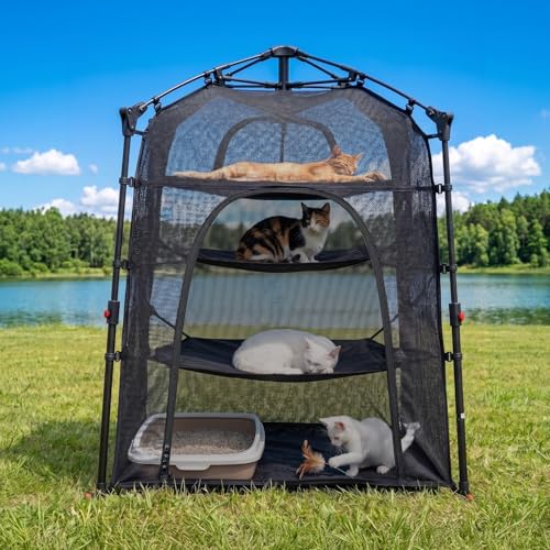 Image of Catio Outdoor Cat Enclosure Pop up Cat Tower Tent Cat Playpen w /Breathable Mesh Portable Catio Kitten Pet Animal Play Pen Indoor Enclosed Kitty Patio Balcony Camping(Square,XL)