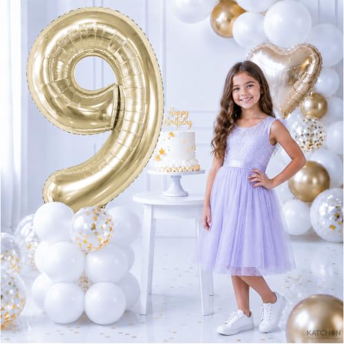 Image of KatchOn, Number 9 Balloon, 40 Inch Champagne Gold Foil Balloon Number 9