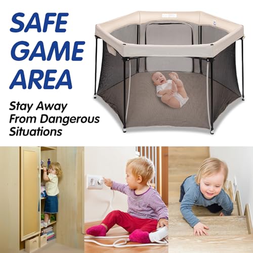 Image of Baby Playpen 53x53 Inch, Indoor /Outdoor Portable Play Yard No Extra pad Required with Breathable Mesh Walls, Enclosed Safe Space for Babies, Quick Foldable Playpen for Home Travel Park (Khaki)