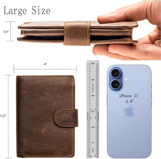 POKOFO Large RFID Genuine Leather Card Holder Trifold Wallet Snap Closure 3 ID Windows for men - Image 2