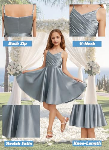 Girls Stretch Satin Formal Dresses V-Neck Knee-Length Flower Girl Bridesmaid Dress Party Wedding4
