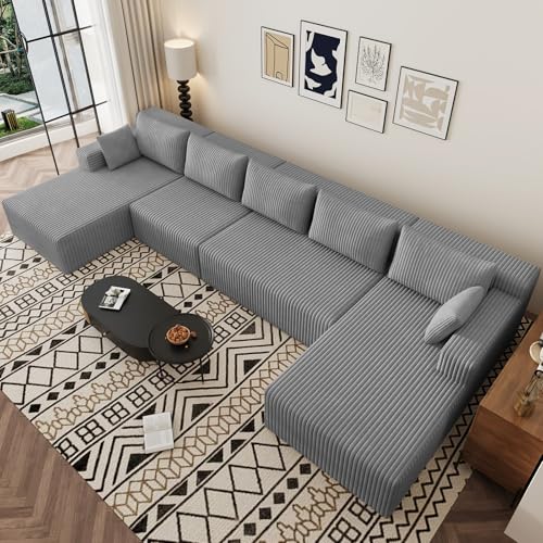 Image of 160 inch U-Shape Cloud Couch, Modern Modular Sectional U-Shape Sofa, Corduroy Boneless Couch Upholstered Couches Deep Seat Sleeper Chaise Longue for Living Room, No Assembly Required,Light Gray