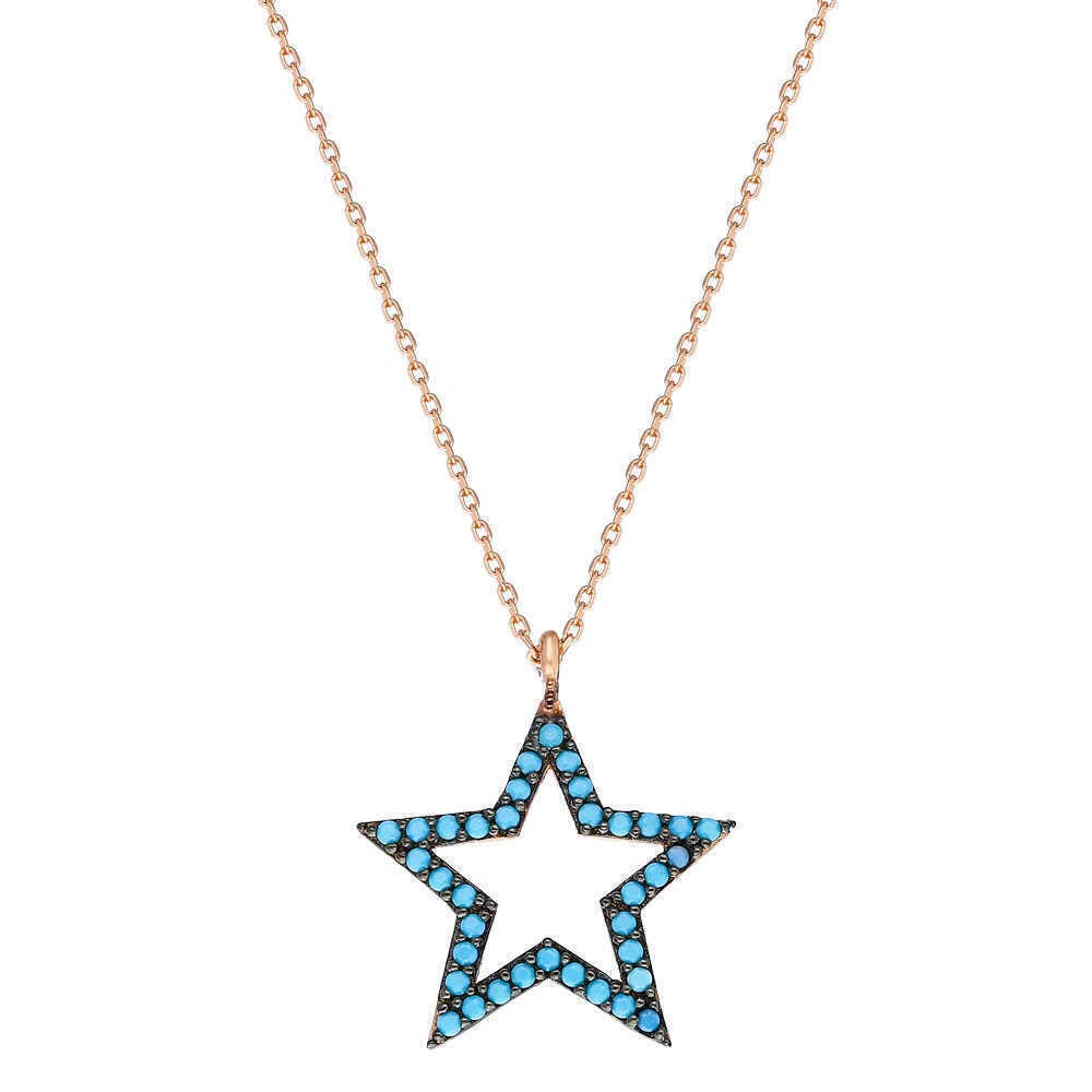 Turkuaz Zirkon Taşlı Yıldız Tasarım 925 Ayar Gümüş Bayan Kolye