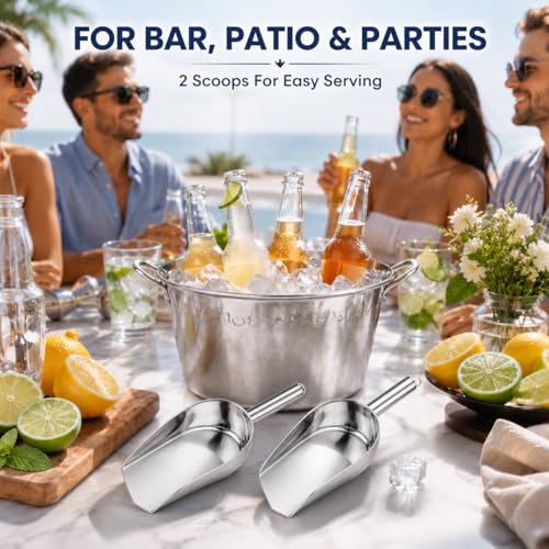 Image of Homoyoyo 2Pcs Stainless Steel Ice Scooper: Flat Bottom Stainless Steel Spatula Grain Soy Nuts Rice Scoop Pet Feed Feeding Scoop Flour Spoon Shovel Silver Ice Cube Shovel Kitchen