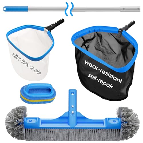 TidyMister All in One Pool Cleaning Kit - 18'' Repairable Pool Nylon Net & 18'' Detachable Round Brush & 11'' Fine Mesh Skimmer Net & 10 FT Aluminum Poles & Handy Scrubber for Water Line Cleaning