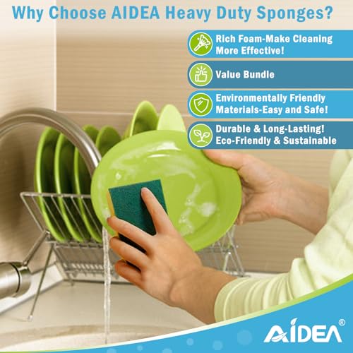 Image of AIDEA Sponges Kitchen, 24 Pack Heavy Duty Dish Sponge, Cleaning Dish Scrubber Sponge for Home and Kitchen, Stink-Free Cleaning Supplies for Pots, Pans