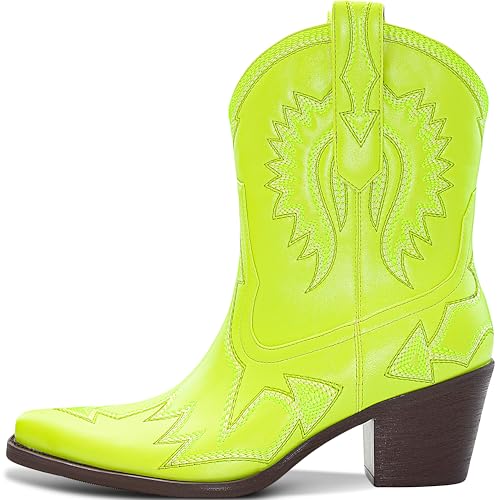 Image of HOCHFART Western Boots for Women Metallic Embroidered Pointed Toe Cowgirl Boots Chunky Heel Pull-On Short Cowboy Boots Wide Calf Country Ankle Boots