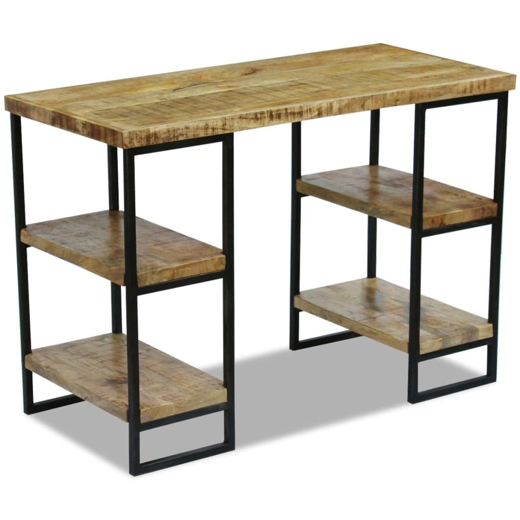 Scrivania industriale in legno di mango massiccio con struttura in acciaio, 110 x 50 x 76 cm, scrivania per computer con due scomparti per lato per libri e blocchi appunti