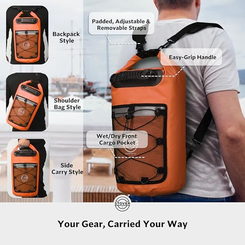 Image of STOVER 5 /10 /25 /30 /40L Waterproof Dry Backpack & Phone Case- Large Floating Dry Bag for Kayaking, Travel, Hiking, Fishing, Camping, Motorcycles & Beach, Heavy-Duty Roll Top Men /Women (Orange)