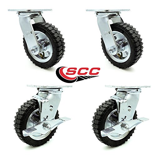 6" Pneumatic Caster Set Of 4-2 Swivel With Brakes/2 Swivel - Black Rubber Wheel - 1,200 Lbs. Capacity - Service Caster Brand #TOP1