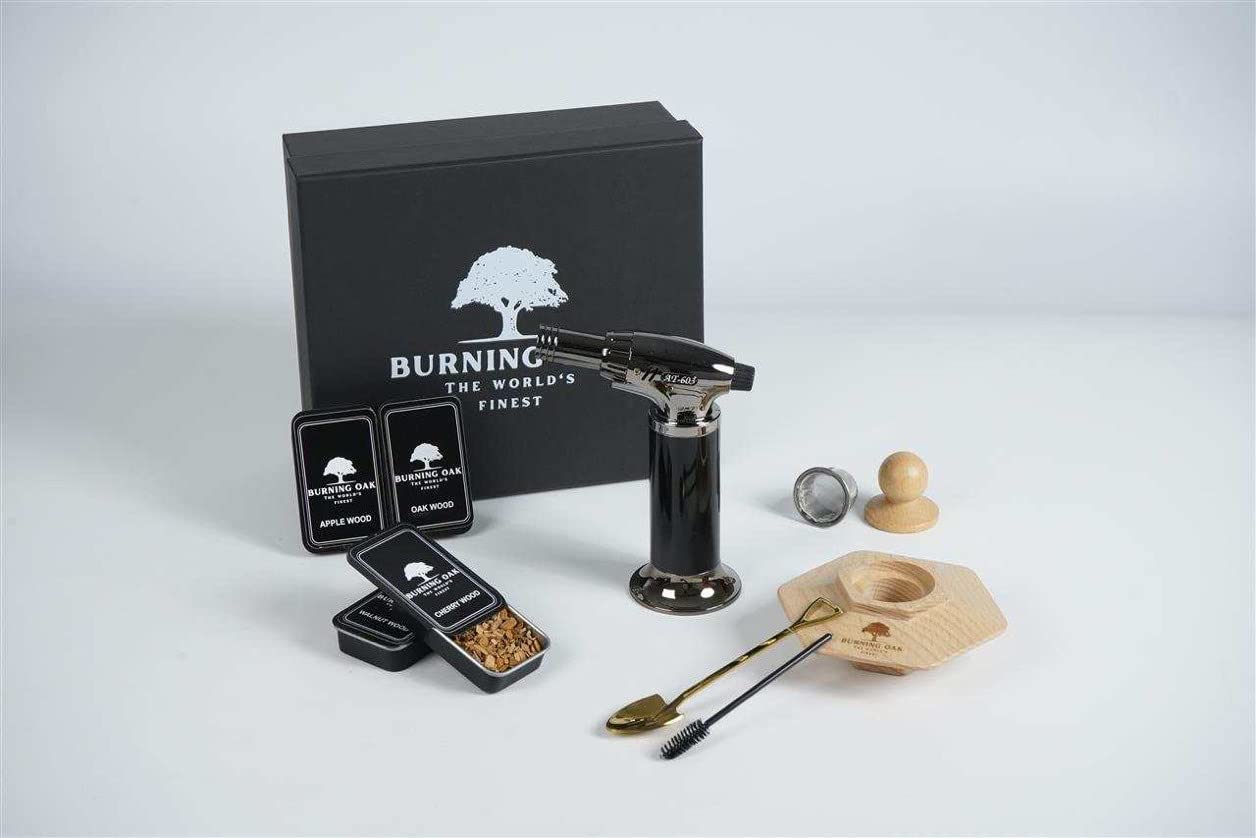 Photo 1 of Burning Oak Cocktail Smoker Kit – Professional Whiskey Smoker Kit with Torch, Apple, Oak, Cherry and Walnut Wood Chips – Old Fashioned Smoker Kit In Stylish Black Box(1ST)