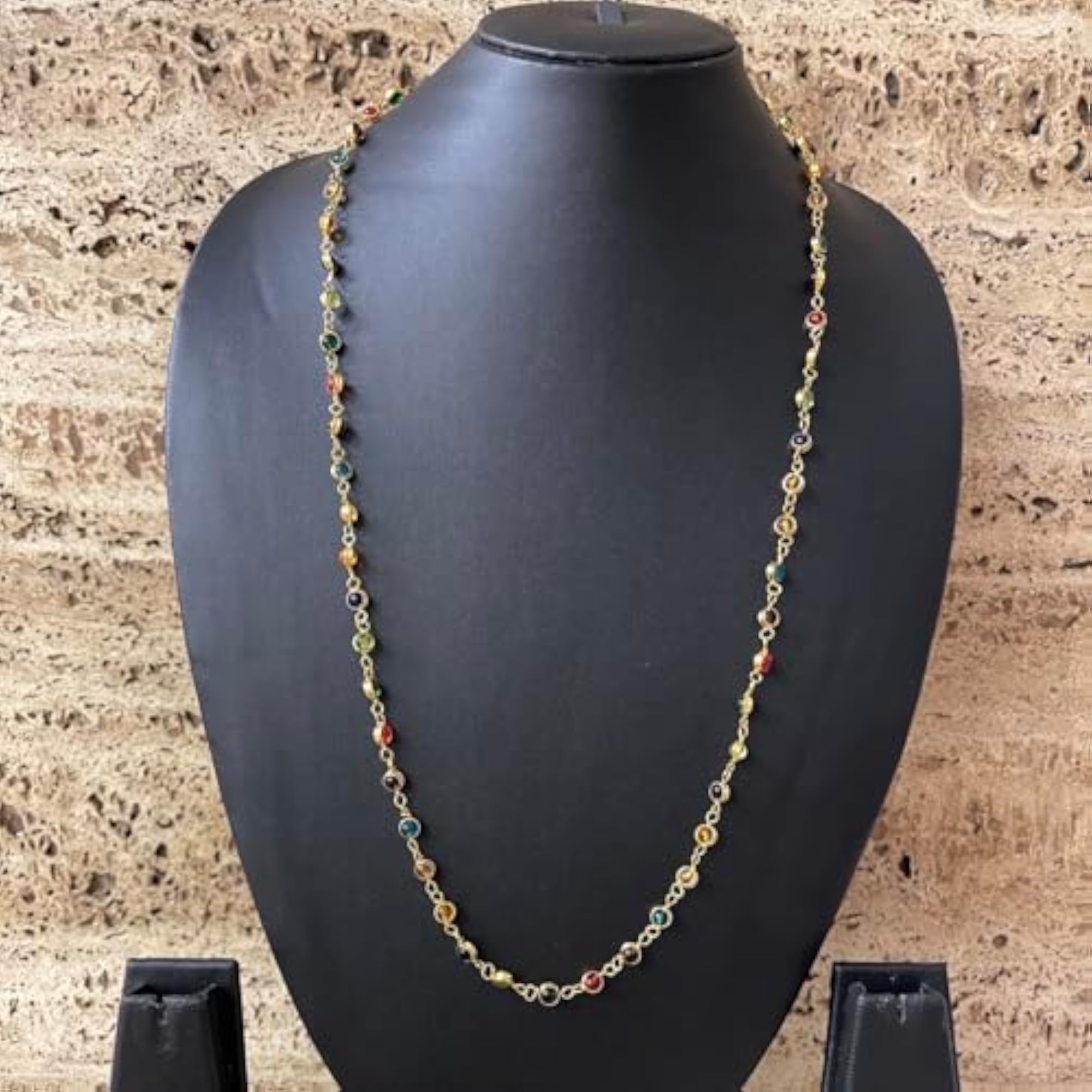 Gold Plated Long Necklace with Multicolor Stones, Fashionable