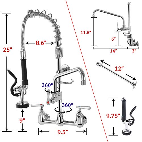 Pre-Rinse Commercial Kitchen Faucet, 25” Height Sink Faucet with 12” Add-on Spout, 8'' Adjustable Center Wall Mount, Pull down Sprayer, Stainless Steel Hose, Solid Brass, Chrome