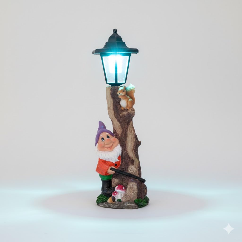 Solar Garden Gnome Outdoor Statue with Solar LED Lampost & Welcome Board Garden Figurine, Funny Solar Light Halloween Decoration for Balcony Garden Patio Yard Lawn (Purple)