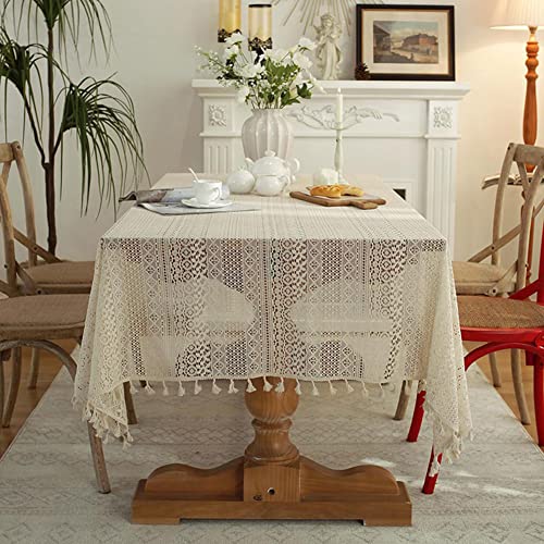 Jaijy Beige Embroidered Crochet Hole Tablecloth With Tassels thumb #2