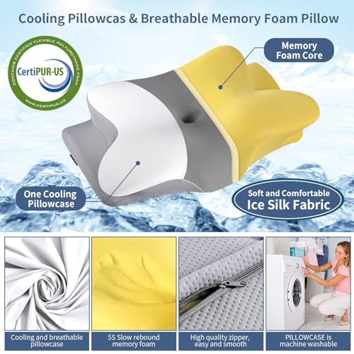Image of Cervicac了Neck Pillow for Pain Relief - Ergonomic Side Sleeper Pillow for Neck Support, Contour Orthopedic Cervical Pillow for Sleeping, Cooling Memory Foam Pillows for Back Sleepers (Light Grey&White)