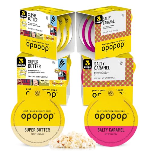 Opopop Salty Caramel & Super Butter Microwave Popcorn Pop Cups 6-Pack Each Bundle - Gourmet Flavored Snack Set for Home Movie Nights - Non-GMO, BPA & Gluten Free - Peel Pour Pop - image 1