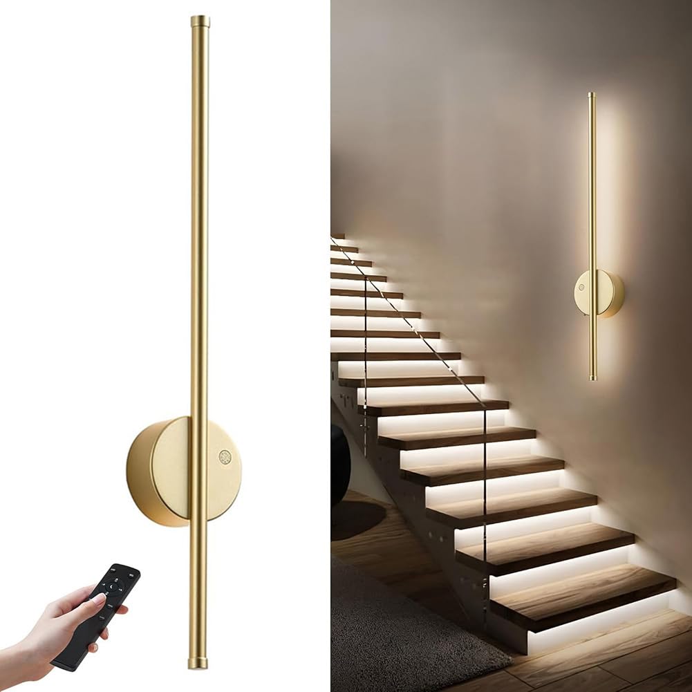LOGT Motion Sensor Battery Operated Wall Sconce Modern Rechargeable Wireless Wall Lights with Remote Control, Dimmable, 3000K/4000K/6000K, Timer for Living Room, Hallway,Gold,60CM