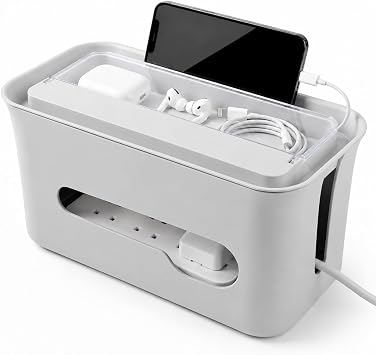 Large Cable Tidy Box, Cable Management Box with Designed Lid | Lid with Built-in Small Storage Compartment, Front Groove for Phone Holder, for Organizing Office Extension Leads or Wire