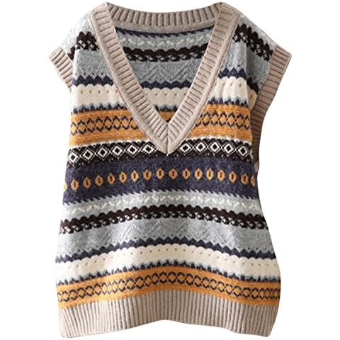 Valtreecho Womens Striped V Neck Sleeveless Jumper Knitted Vest Rreppy Style Sweater Pullovers Tops Beige Cover