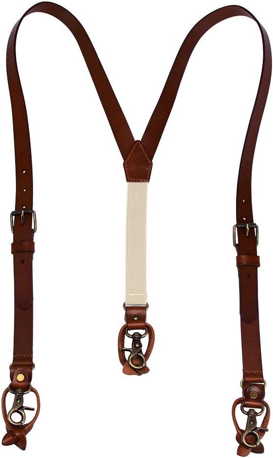 1 Inch Men's Suspenders 3 In 1, Leather Genuine Suspenders, Elastic Strap with Clips, Buttons, Snap Hooks