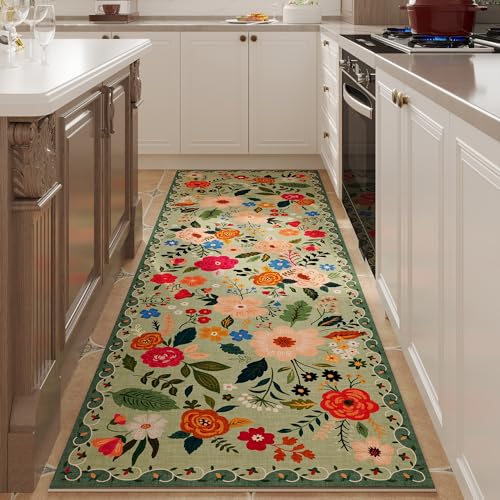 Runner Rug for Hallways Kitchen Rug Non Slip 2'x 6' Washable Rugs with Rubber Backing Soft Floral Carpet Runner for Hallways, Kitchen, Laundry, Bedroom, Bathroom(Green)