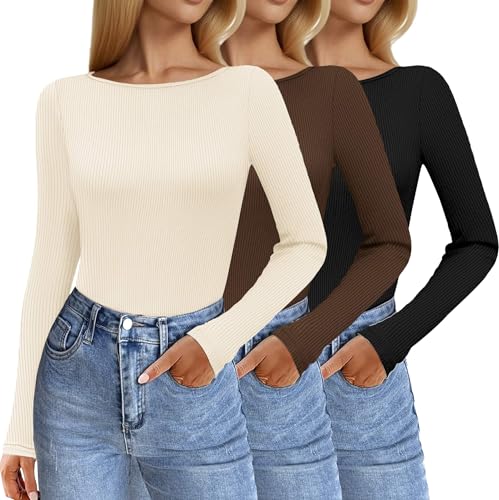 Ekouaer 3 Pack Womens Long Sleeve Shirts Boat Neck Ribbed Thermal Undershirts Lightweight Basic Top XS-XXL