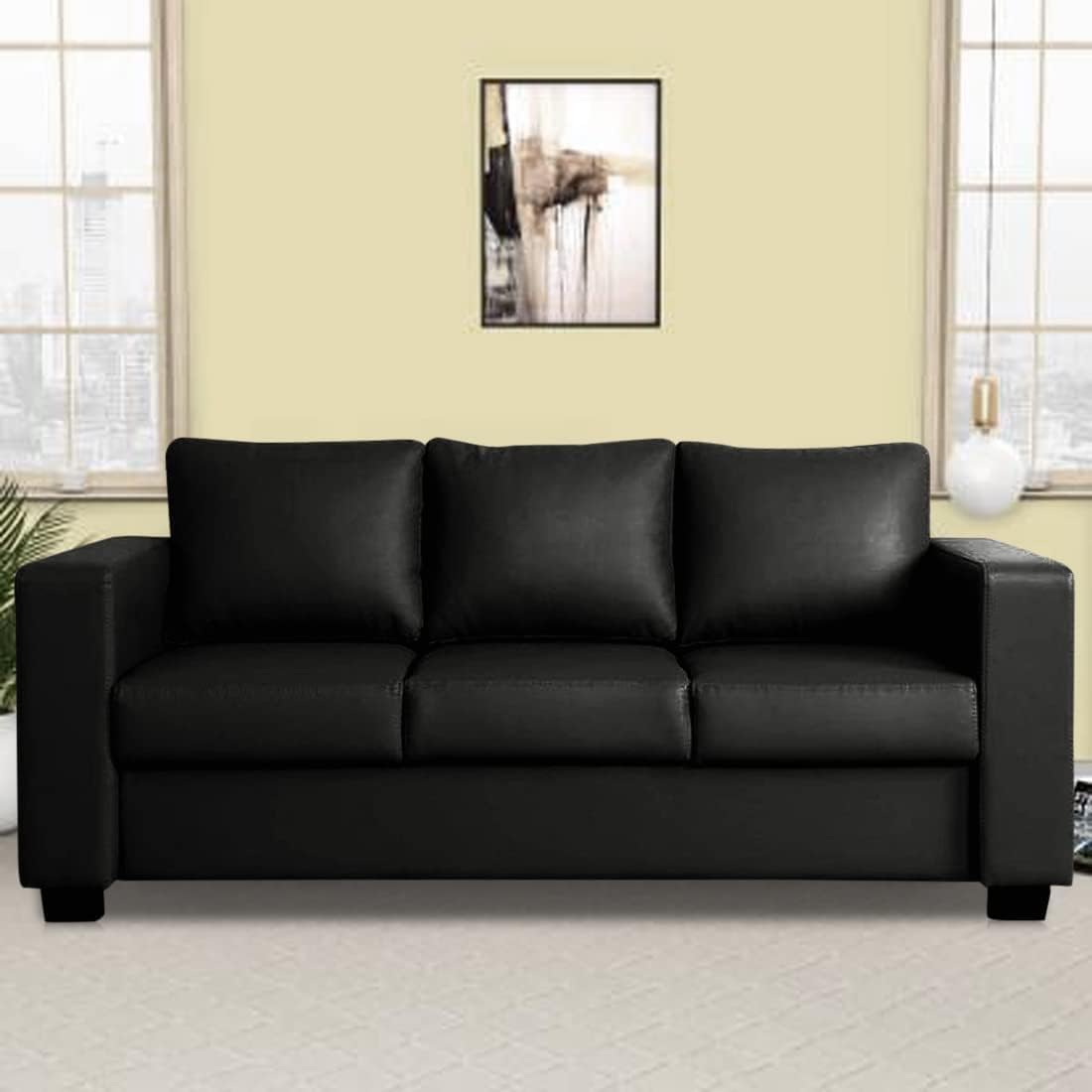 FURNY Harley 3 Seater Leatherette Sofa Set (Black- Color)-image-18