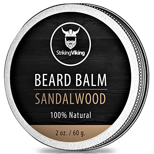 Striking Viking Bálsamo para barba de sándalo - Diseña, fortalece y suaviza las barbas y los bigotes: acondicionador de barba 100% natural con manteca de karité orgánica, árbol de té, argán y aceite