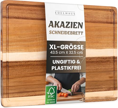 EDELHAUS Schneidebrett Holz (43,5x32,5x2cm) Holzschneidebrett aus Massiver Akazie - 2cm dicke Holzbretter Küche mit Saftrille - Design Cutting Board Schneidbrett