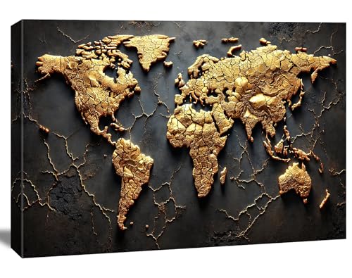 Visario Cuadro mapamundi dorado 120x80 cm – Impresión artística 3D noble sobre lienzo | Arte moderno para sala de estar y oficina | N.º de artículo 5047