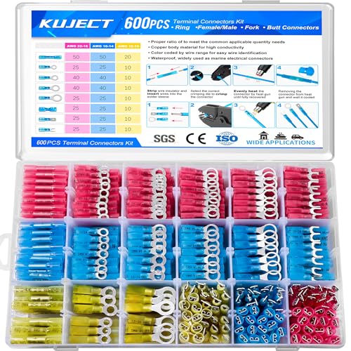 Image of Kuject 600 PCS Heat Shrink Wire Connectors kit, Multipurpose Waterproof Electrical Wire Terminals, Insulated Crimp Connectors Ring Fork Spade Butt Splices for Automotive Marine Boat Truck