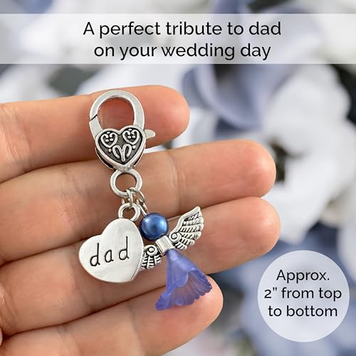 Dad Something Blue Angel Charm for Bride on Wedding Day Clip on Bouquet with Blue Guardian Angel and Dad Heart Memorial Remembrance Charm2