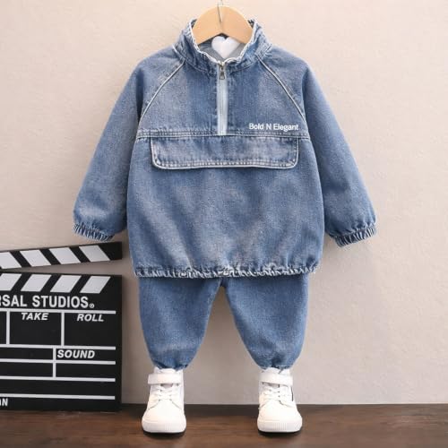 Image of Bold N Elegant Boys Denim Sweatshirt and Jogger Pants, Half-Zip Two-Piece Denim Coord Set for Infant Toddler Teedler Kids