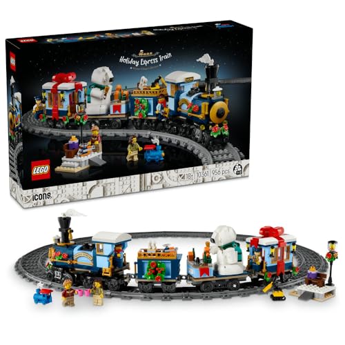 LEGO Icons Holiday Express Train Model Kit for Adults - Christmas Display Set with 3 Carriages, 16 Track Pieces, a Platform, 4 Minifigures & a Polar Bear Figure - Gift Idea - 10361
